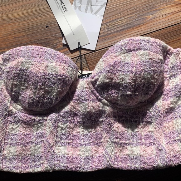 Zara Other - NWT Zara Womens X Small Tweed Bustier Crop Corset Top Pink Purple Plaid XS